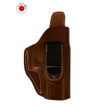 AM02-2216-R-BR:Multifit open-top  IWB/OWB leather holster with steel clip  1.5", Size 2216, right hand, brown leather, contrast stitching, black edges